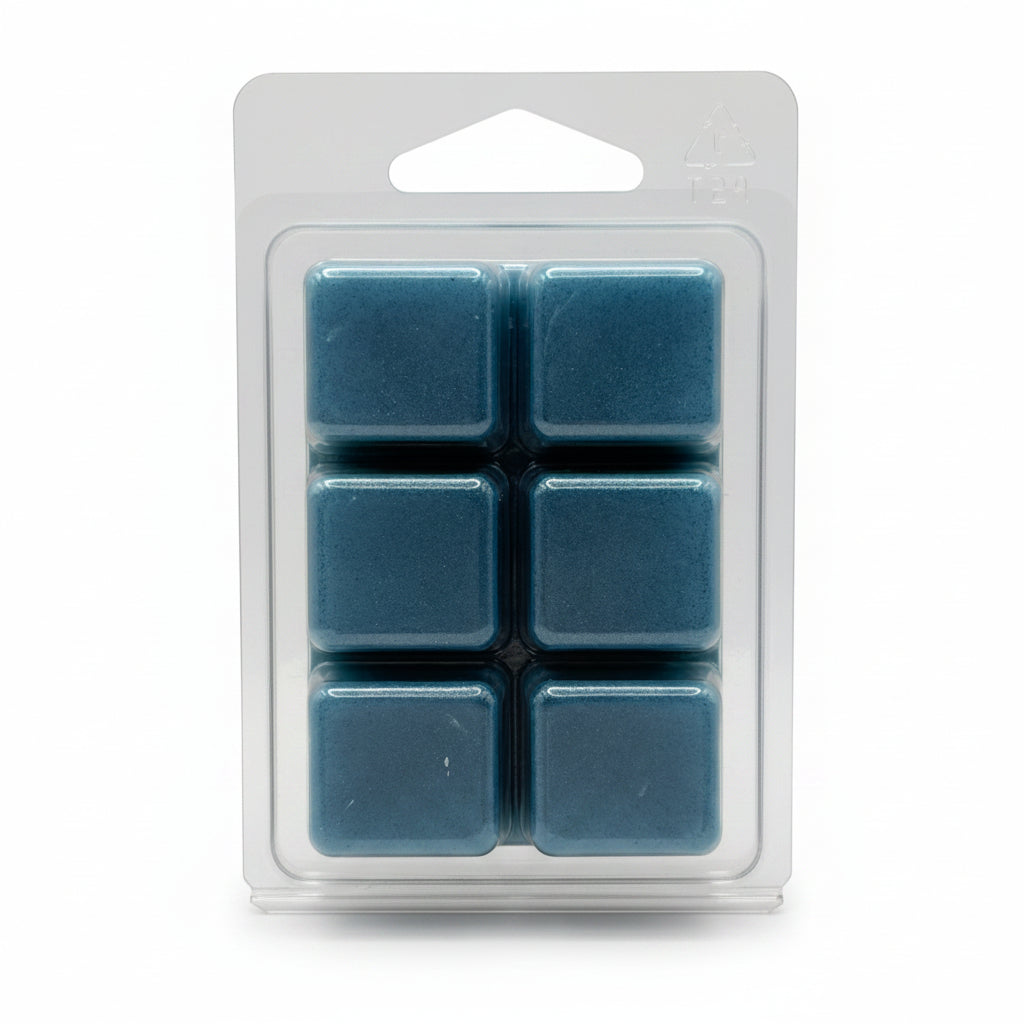 Six blue Scentaramawax melts in Ocean Mist scent in a clear plastic clamshell package on a light white background.