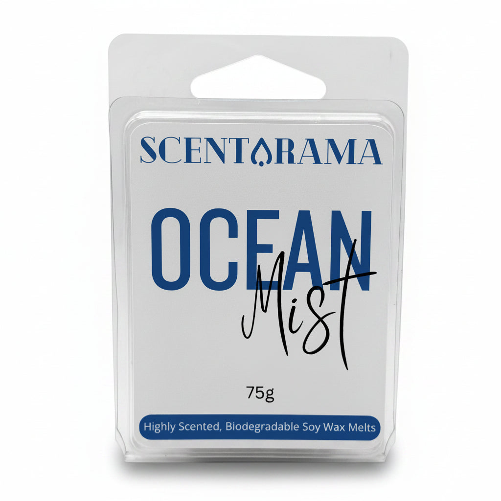 A 75g package of Scentarama Ocean Mist soy wax melts in a clear plastic clamshell container, featuring a white label with blue text.