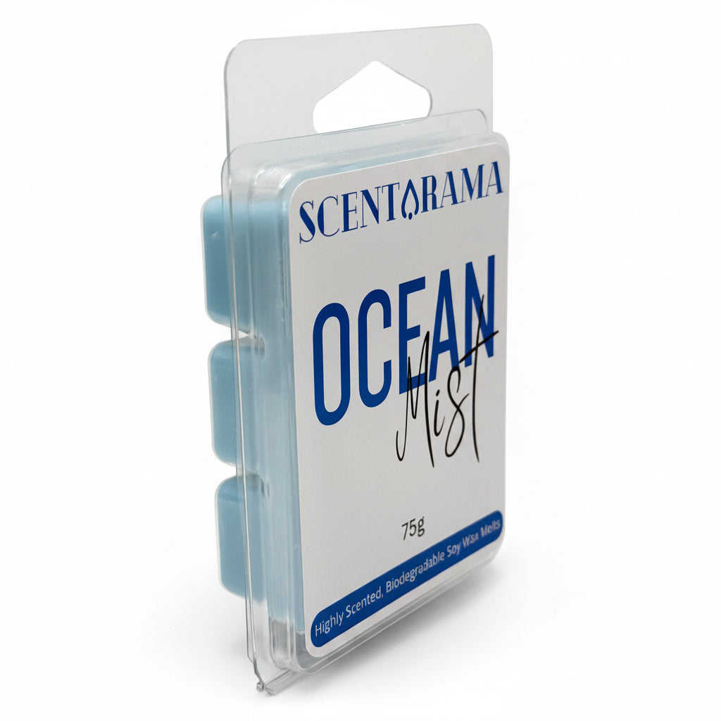A packaged Scentarama Ocean Mist Wax Melt in clear plastic Clamshell and a white label featuring blue text, resting on a plain light white background.
