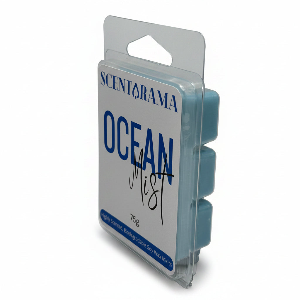 A package of Scentarama Ocean Mist Soy wax melts set, light blue wax melts in a clear plastic clamshell package with a white and blue label reading SCENTARAMA OCEAN Mist.