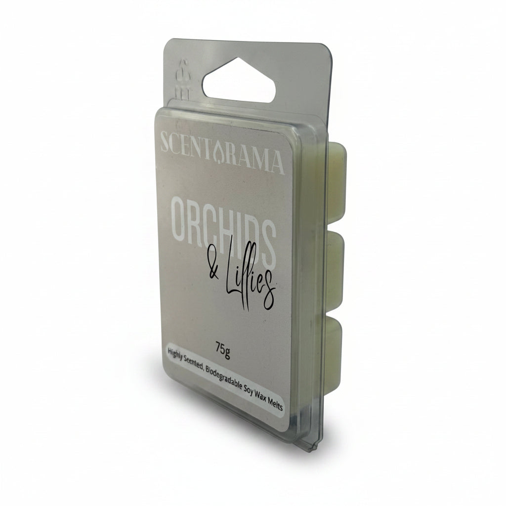 Scentarama Orchids & Lilies 75g scented wax melts in a clear plastic clamshell package with a white label, set against a neutral white background.
