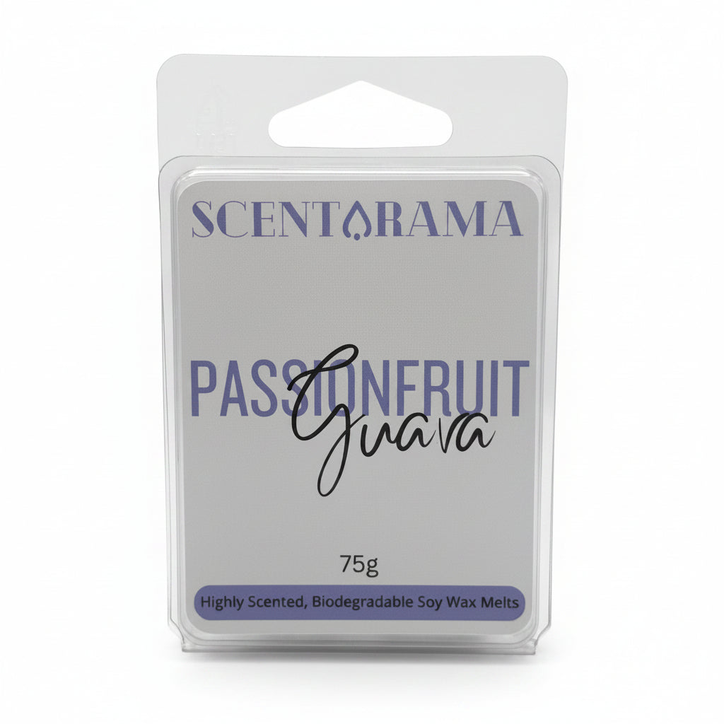 Scentarama Passionfruit Guava 75g soy wax melts in a clear plastic hanging blister pack against a neutral gray background.