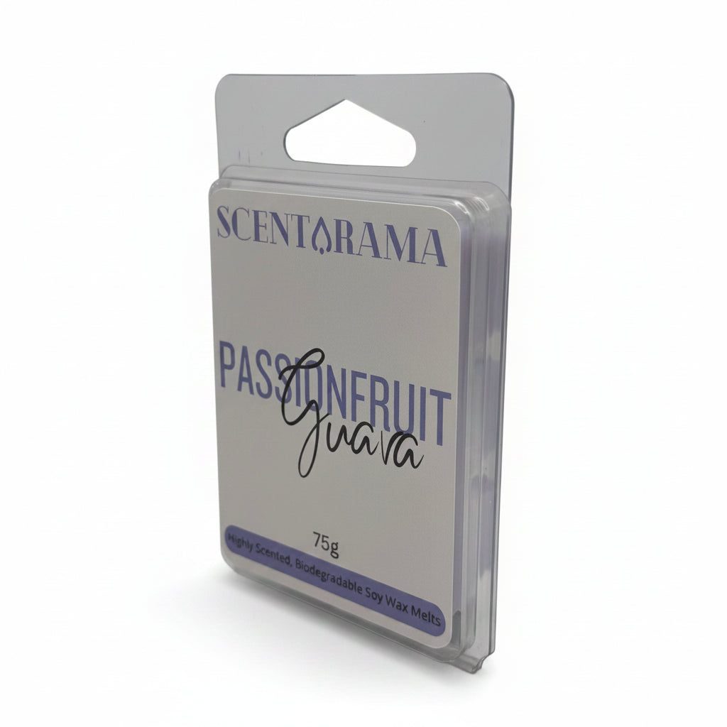 A 75g package of Scentarama Passionfruit Guava soy wax melts in a clear plastic clamshell blister pack with a white and blue label.