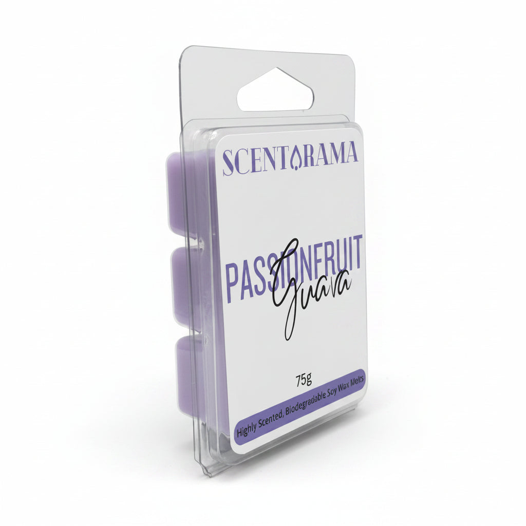 A packaged wax melt product by Scentarama, specifically Passionfruit Guava, in a clear plastic clamshell package with a white label and purple text, photographed on a neutral gray background.