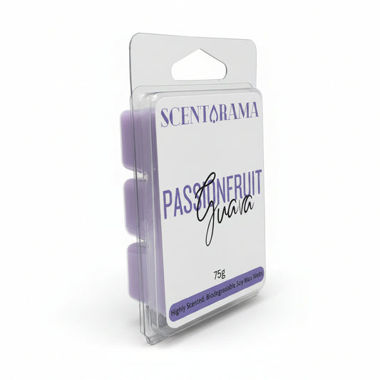 A packaged wax melt product by Scentarama, specifically Passionfruit Guava, in a clear plastic clamshell package with a white label and purple text, photographed on a neutral gray background.