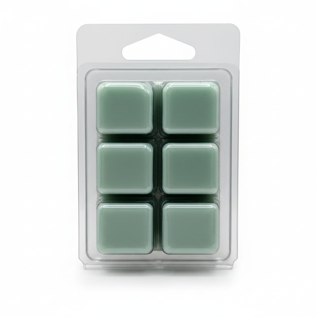 Six square Scentarama Petals and Pears mint green wax melts in a clear plastic clamshell package with a hanger tab, photographed against a neutral light gray background.