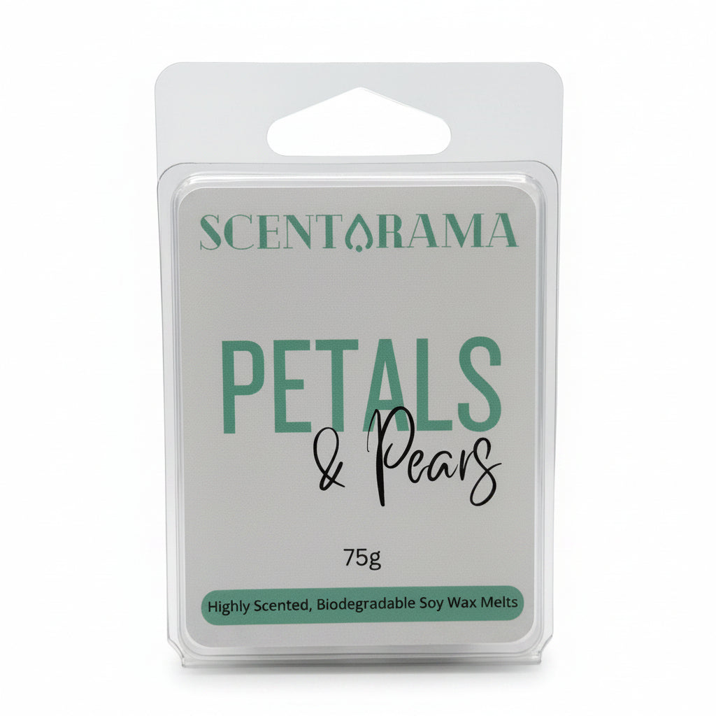 A 75g package of Scentarama Petals & Pears soy wax melts in a clear plastic clamshell container with a white label and green text, set against a neutral gray background.