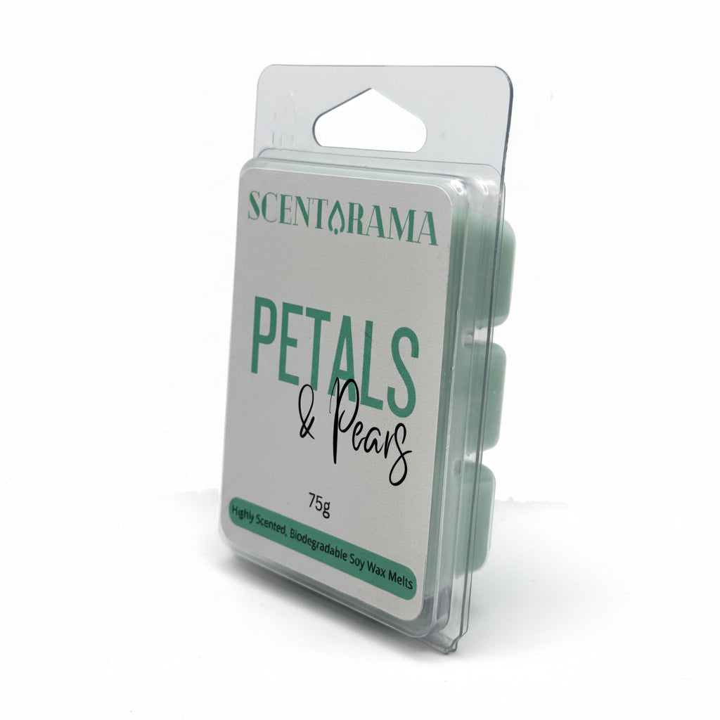 Scentarama Petals & Pears scented soy wax melts in a clear plastic clamshell package with a white label and green text, photographed on a light gray background.