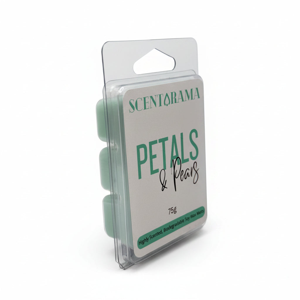 Scentarama Petals & Pears scented wax melts in a clear plastic clamshell package, showing three pale mint green wax pucks on a white background.
