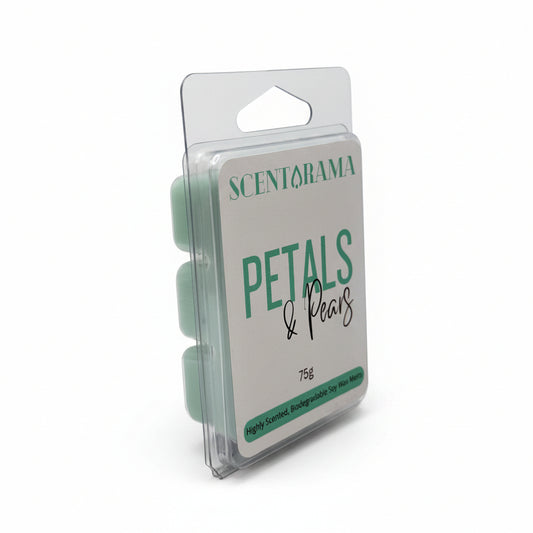 Scentarama Petals & Pears scented wax melts in a clear plastic clamshell package, showing three pale mint green wax pucks on a white background.