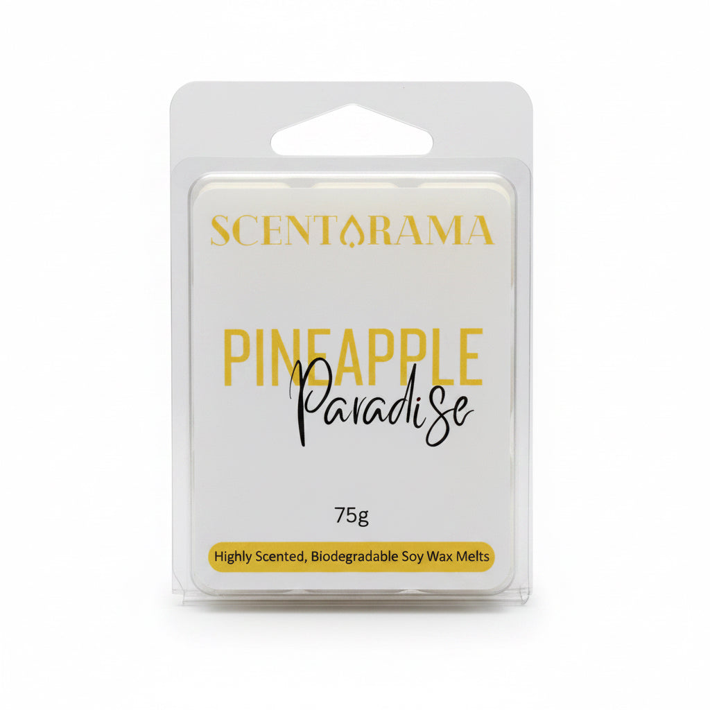 Packaged soy wax melts by Scentarama product labeled 'Pineapple Paradise' on a plain background