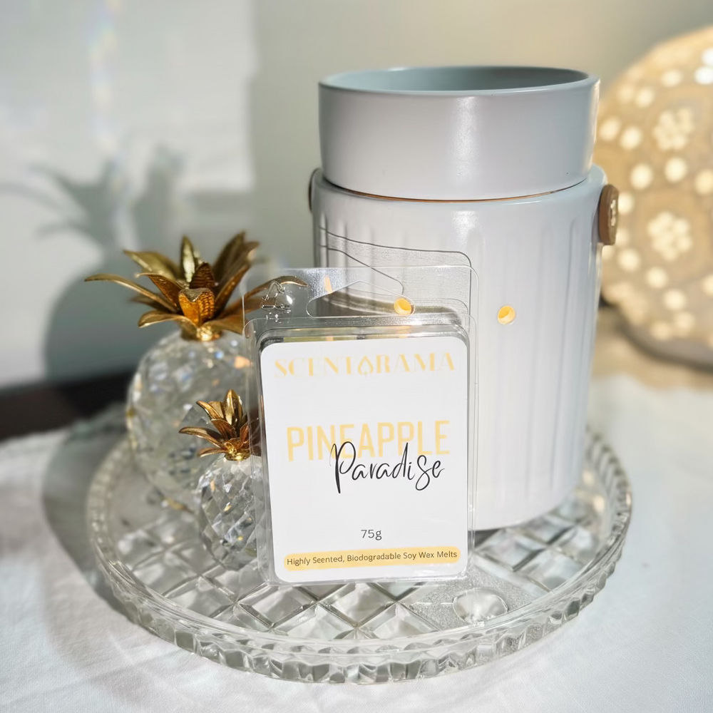 Pineapple Paradise Soy Wax Melt Clamshell with crystal pineapple and leather handle wax melt warmer