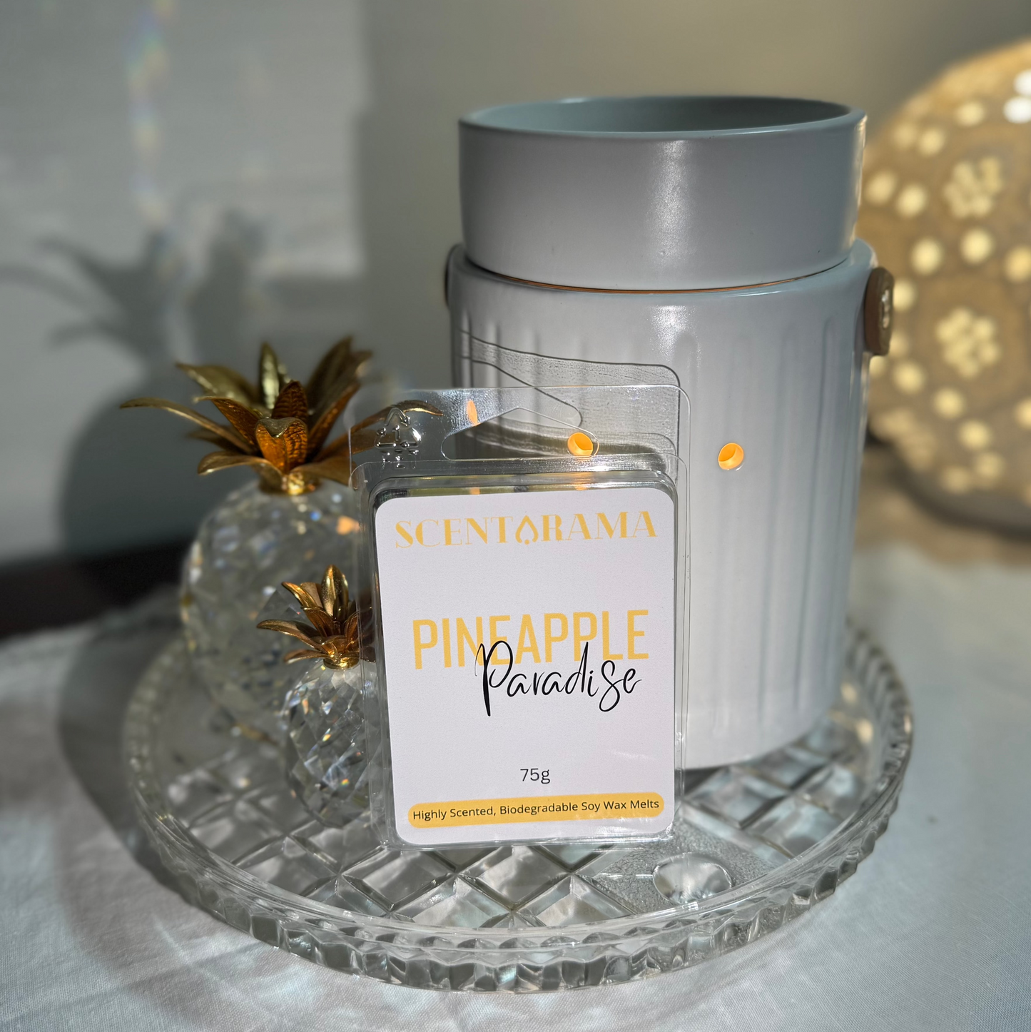 Pineapple Paradise Soy Wax Melt Clamshell with crystal pineapple and leather handle wax melt warmer