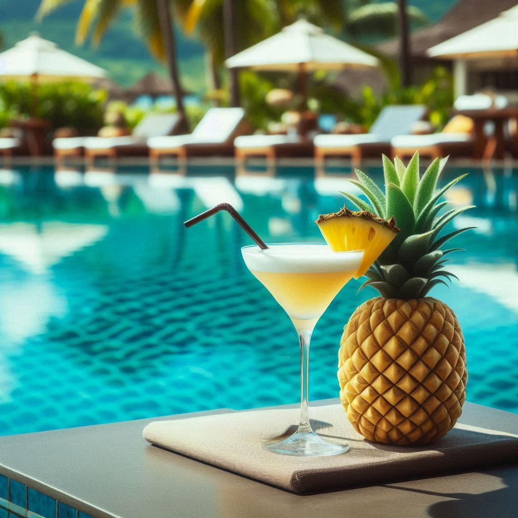 Pineapple cocktail around pool AI image to depict Pineapple Paradise Scent wax melts