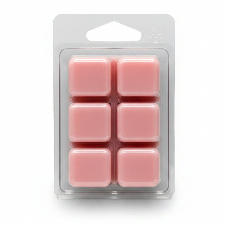 Six pink musk wax melts by Scentarama in a clear plastic clamshell package on a light gray background.