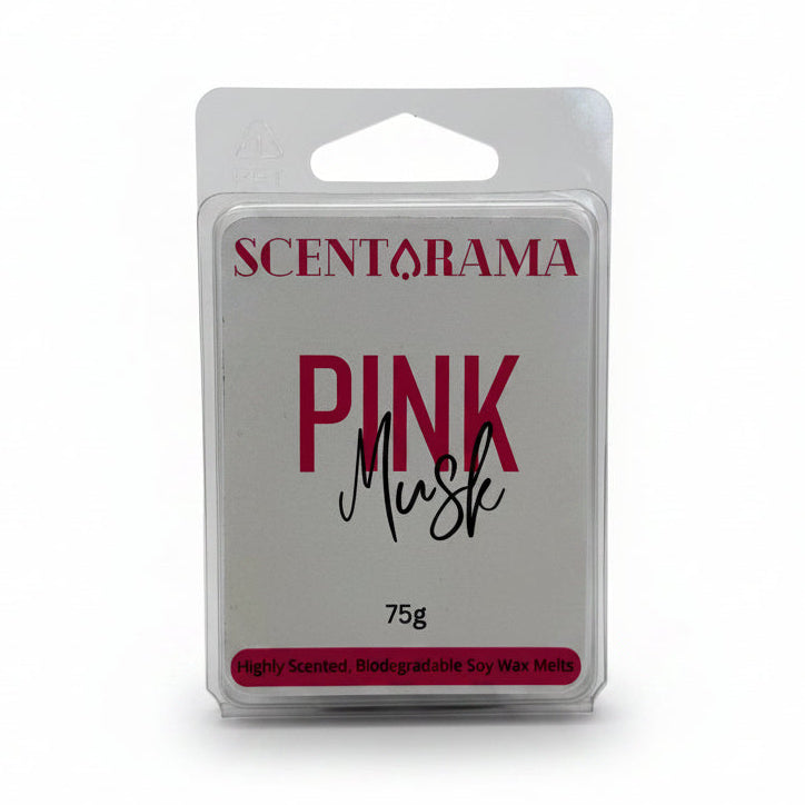 A 75g package of Scentarama Pink Musk soy wax melts in a clear plastic clamshell container with a white label and red and black text, set against a plain light gray background.