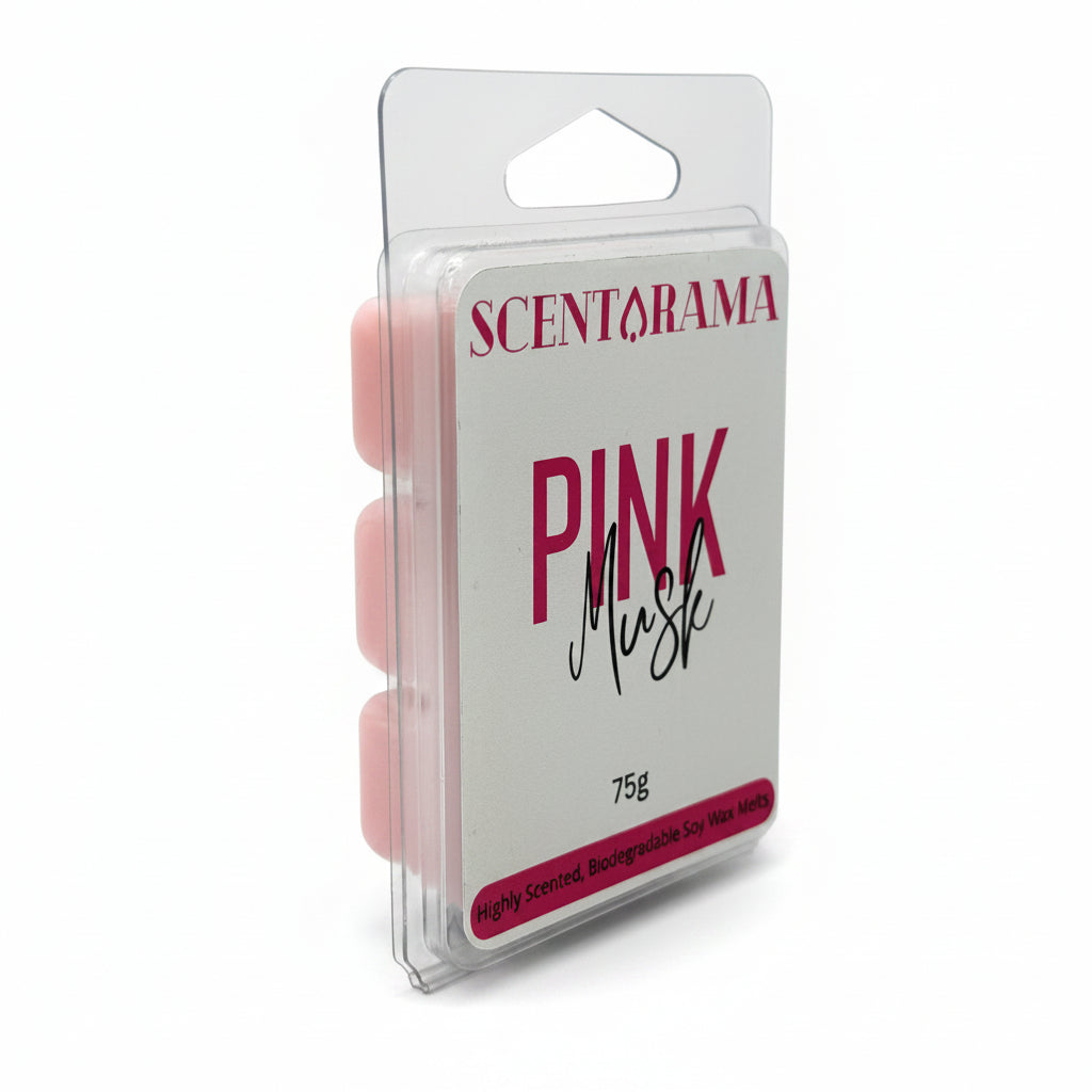 Scentarama Pink Musk fragrance wax melts in a clear plastic hanging blister pack, showing the side view and a white label with red and black text.