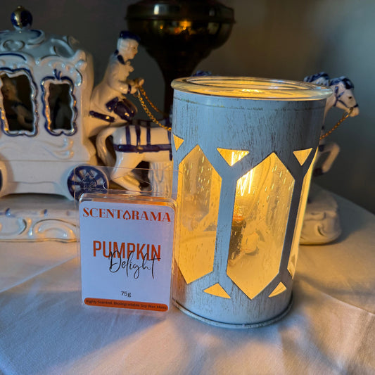 Pumpkin Delight Soy Wax Melt Clamshell Photo with Arbor Warmer in Image