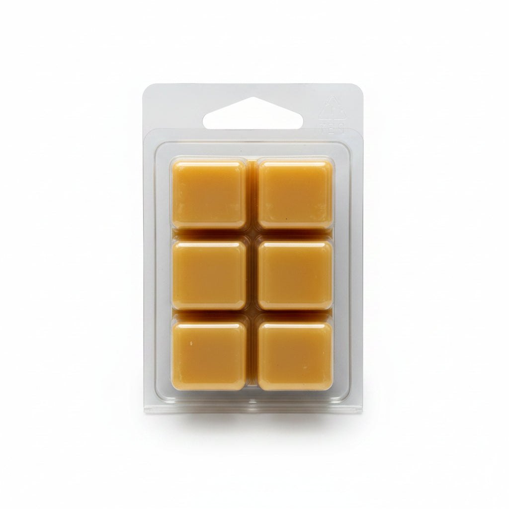 Six small square yellow orange wax melts by Scentarama in a clear plastic clamshell package on a light gray background.