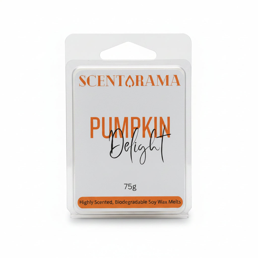 A 75g package of Scentarama Pumpkin Delight soy wax melts in a clear plastic clamshell container with a white label and orange text, set against a neutral gray background.