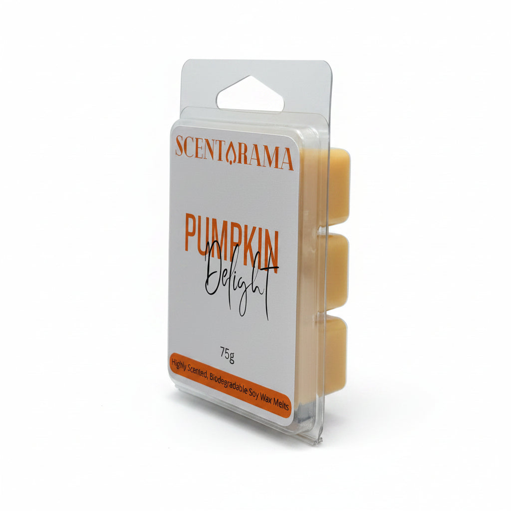 A packaged wax melt product labeled SCENTARAMA Pumpkin Delight, showing three small yellow wax melts in a clear blister pack with a white and orange label.