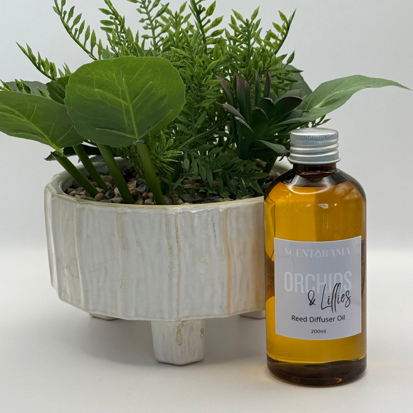 Bottle of 'Orchids & Lillies' reed diffuser oil next to a potted plant on a light background