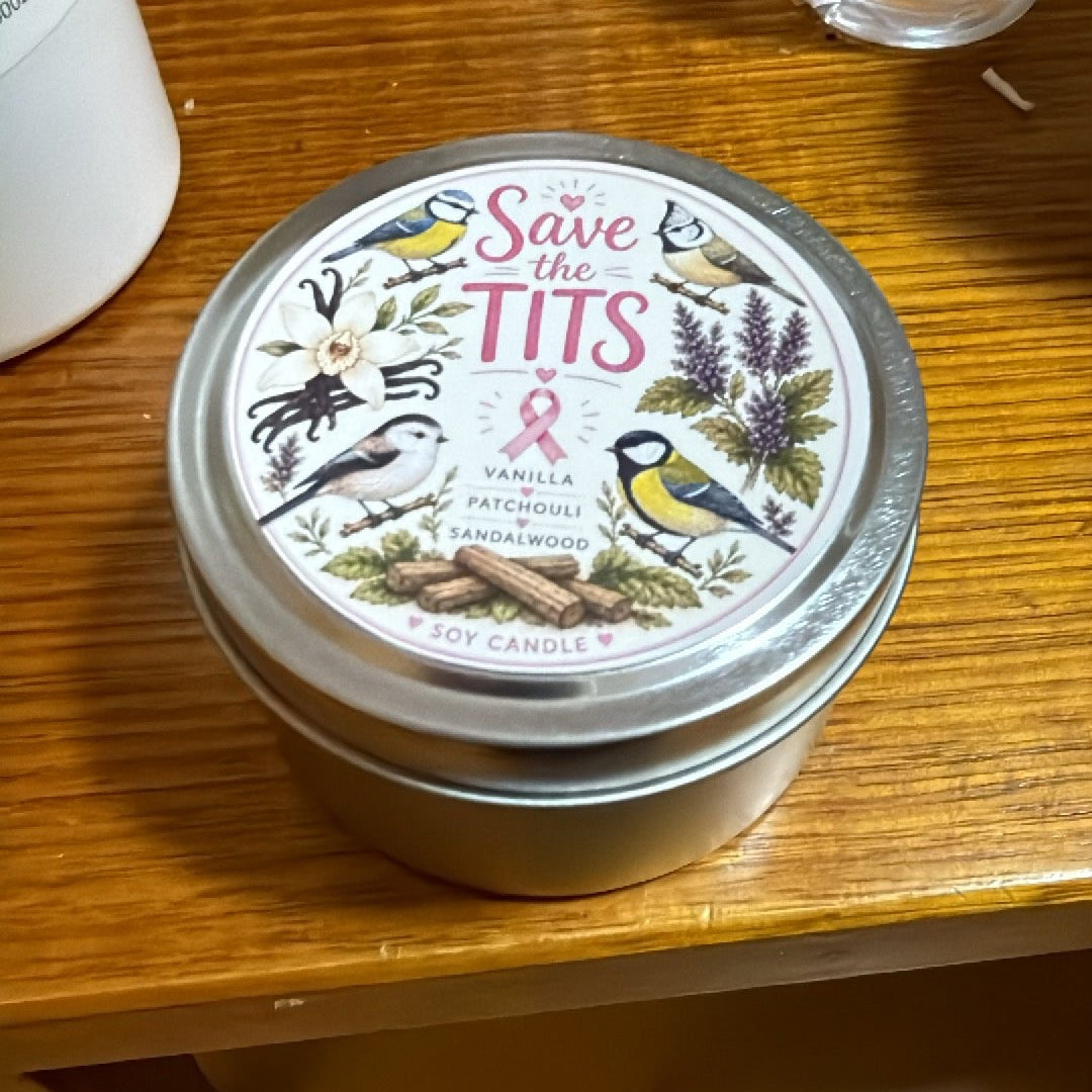 Candle Tin with Label for Save the Tits Breast Cancer 