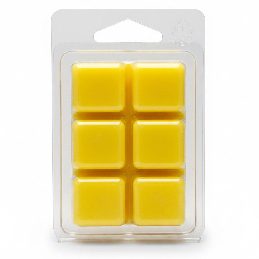 Six yellow Scentarama wax melts in a clear plastic packaging on a light gray background