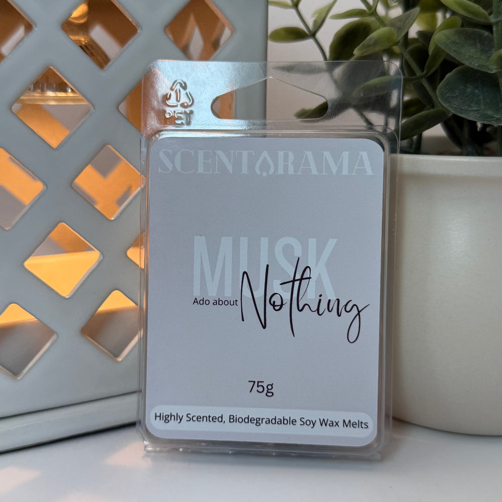 A packaged soy wax melt labeled SCENTARAMA MUSK Nothing, 75g, standing upright in a clear plastic sleeve. The package is placed on a white surface with a decorative white geometric tray on the left and a potted green plant on the right.