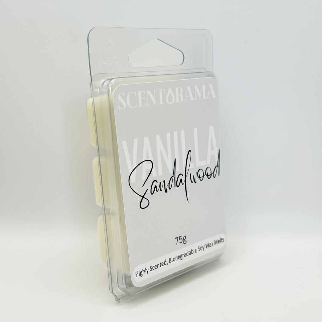 Scentarama Vanilla Sandalwood wax melt packaging on a white background