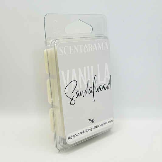 Scentarama Vanilla Sandalwood wax melt packaging on a white background