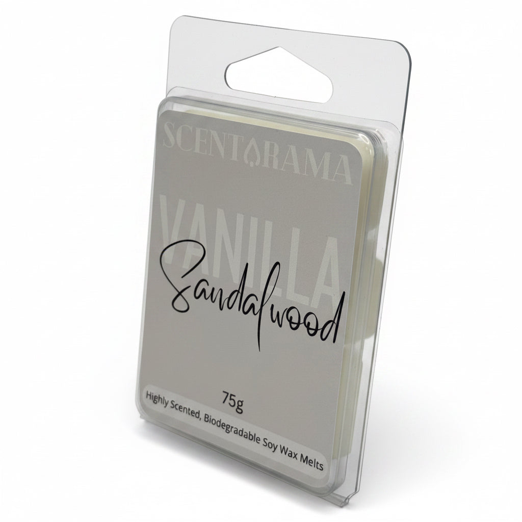 Scentarama Vanilla Sandalwood candle packaging on a white background