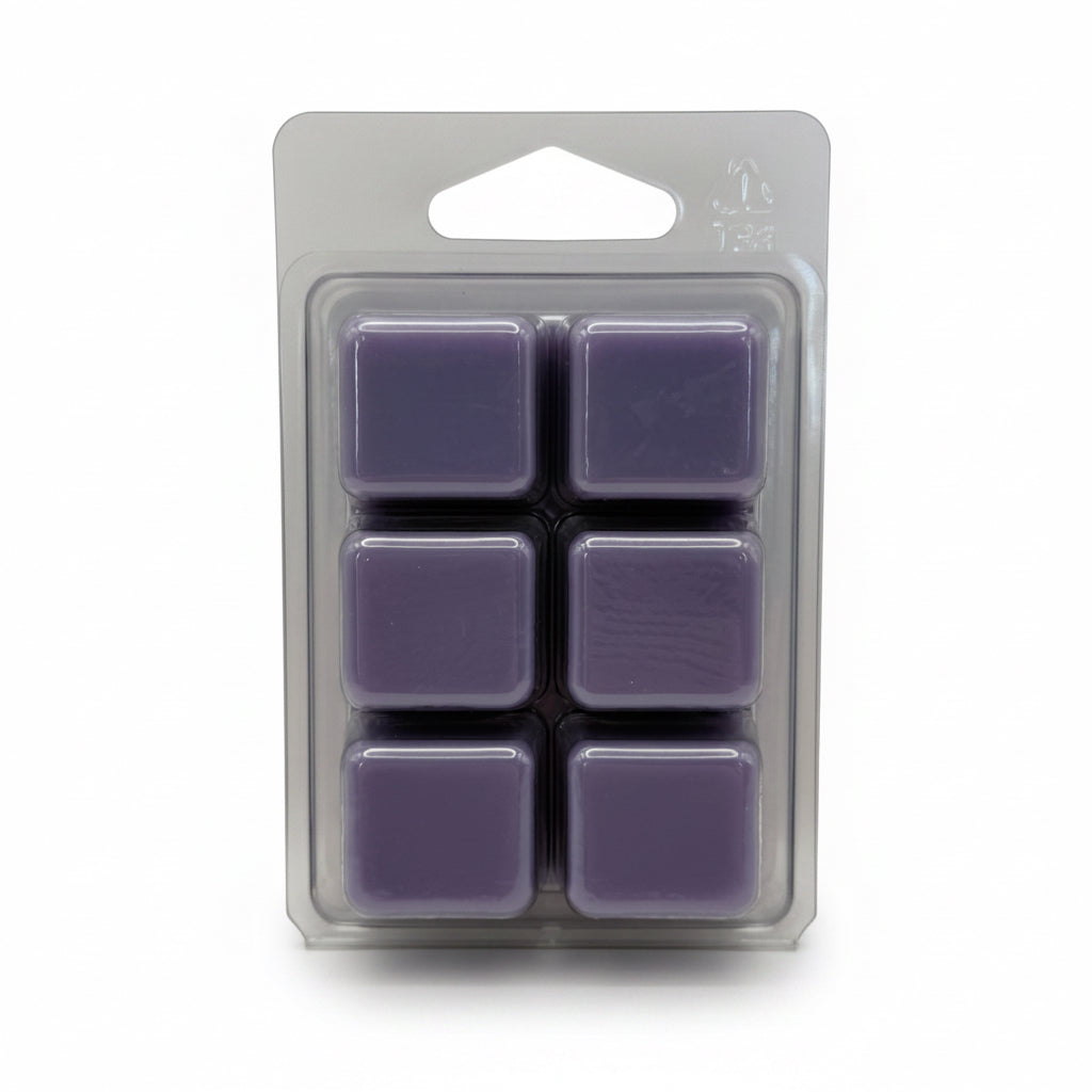 Pack of six purple Velvet Musk by Scentarama wax melts in a clear plastic packaging on a white background