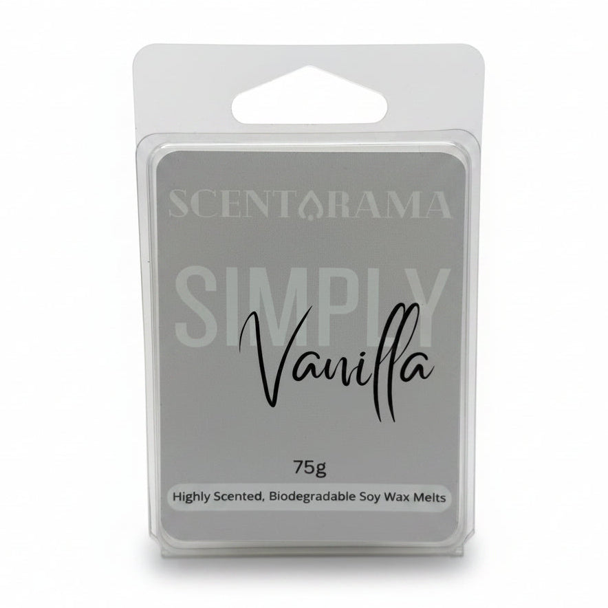 Scentarama Simply Vanilla soy wax melts in a clear plastic clamshell package with a white hanging tab, photographed against a neutral light gray background.