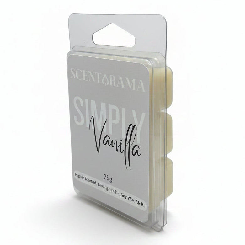 Scentarama Simply Vanilla soy wax melts in a clear plastic clamshell package with a white label, set against a plain light gray background.