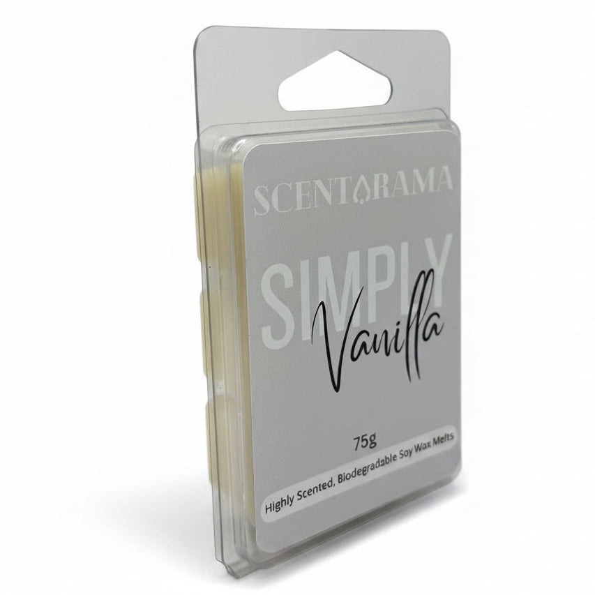 A package of Scentarama Simply Vanilla 75g scented wax melts in a clear plastic clamshell package, set against a plain light gray background.