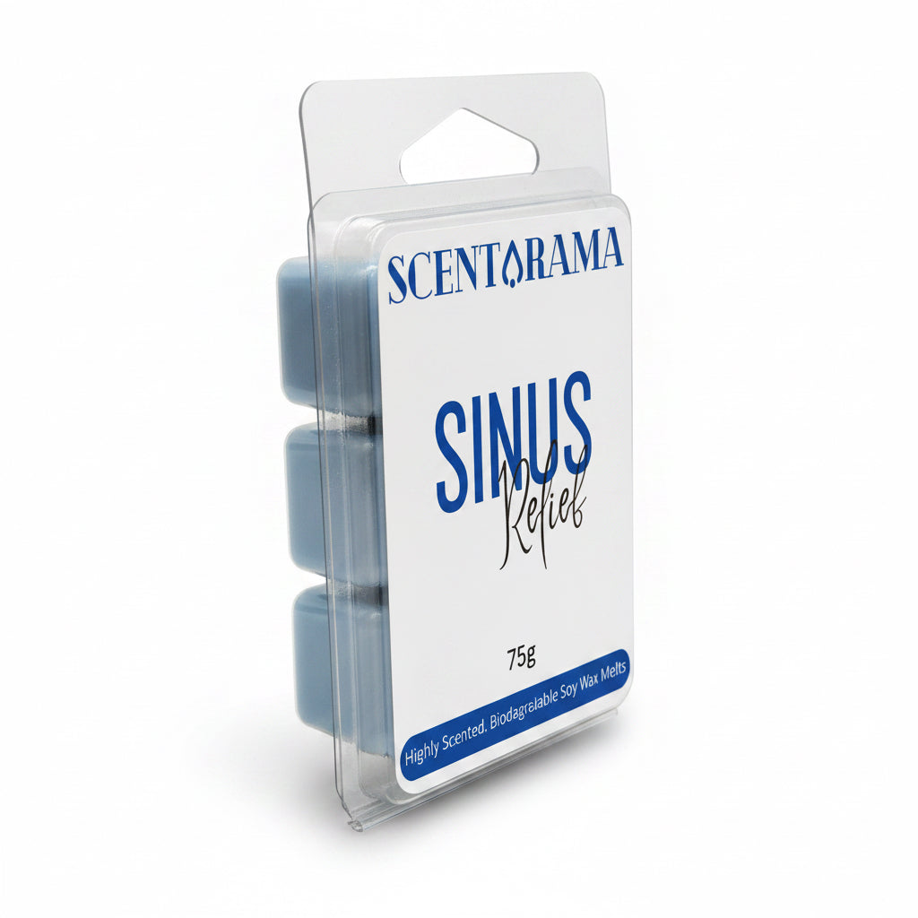 Packaged blue sinus relief soy wax melts by Scentarama on a white background