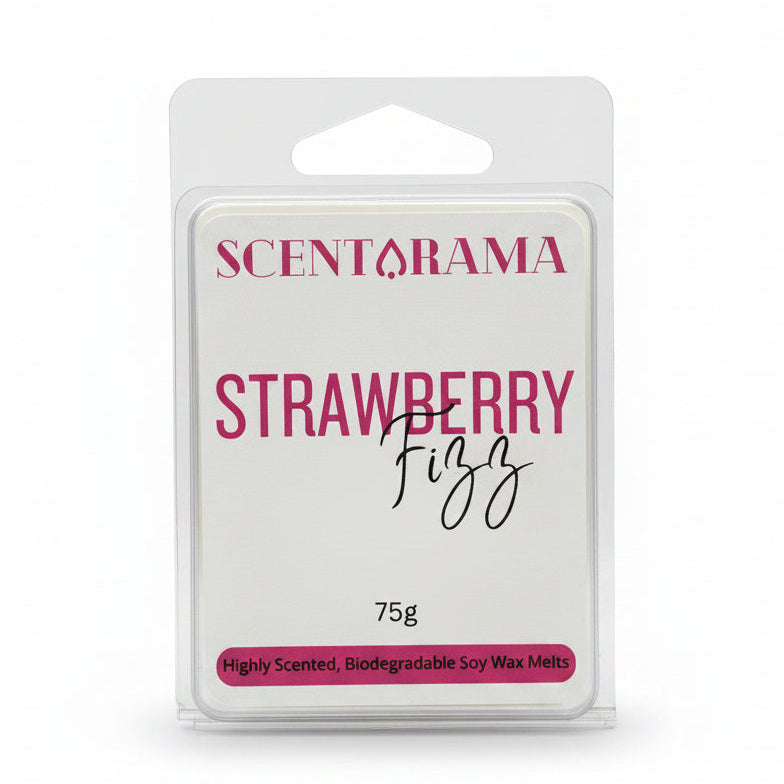 A 75g package of Scentorama Strawberry Fizz soy wax melts in a clear plastic clamshell container with a white label and magenta text.
