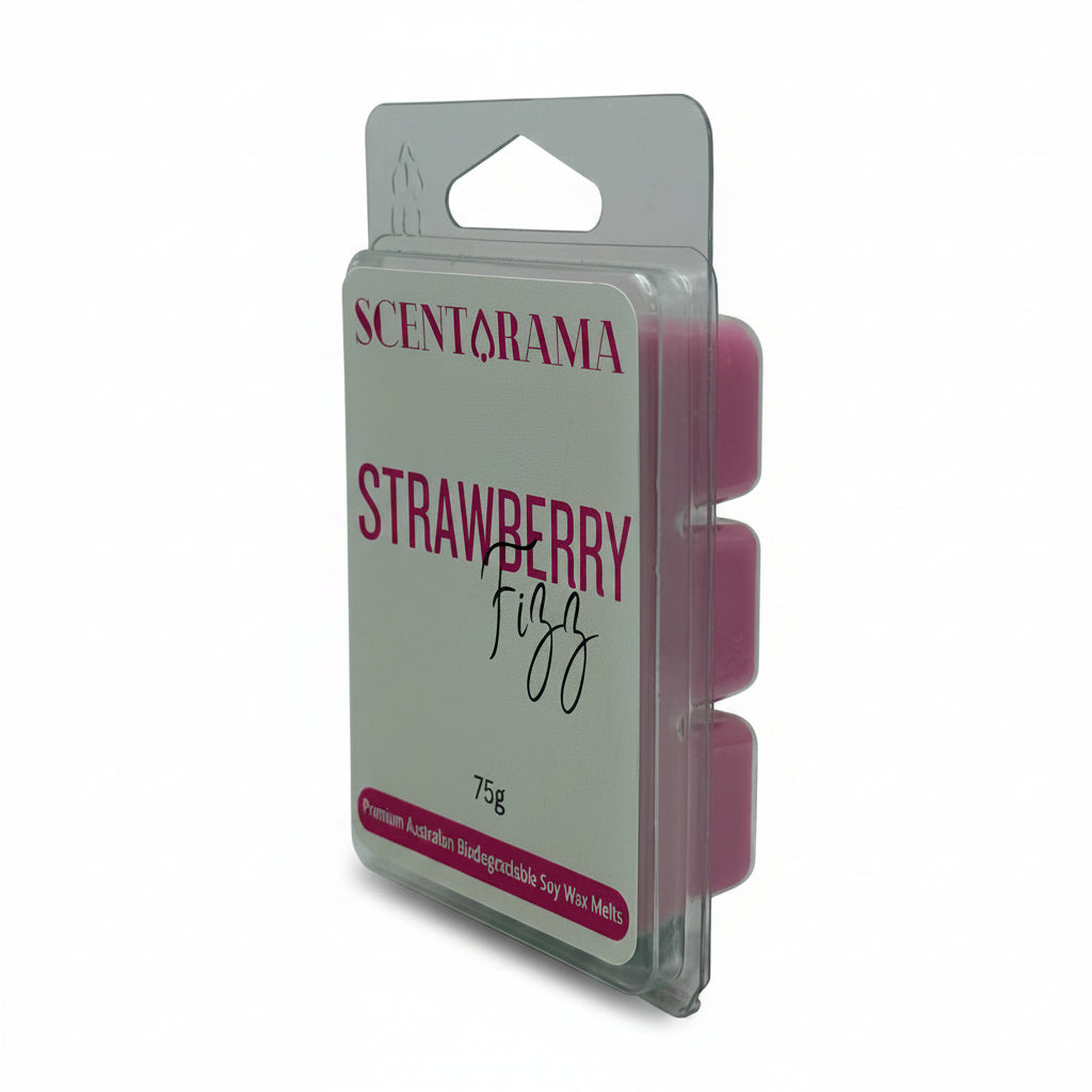 A package of Scentarama Strawberry Fizz wax melts in a clear plastic clamshell container with a white label and pink wax visible inside.