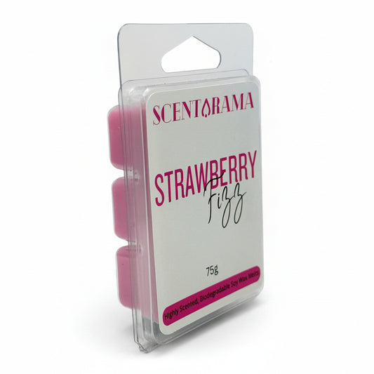 A packaged Scentarama Strawberry Fizz wax melts in a clear plastic clamshell package with a white label and pink text, photographed on a light white background.
