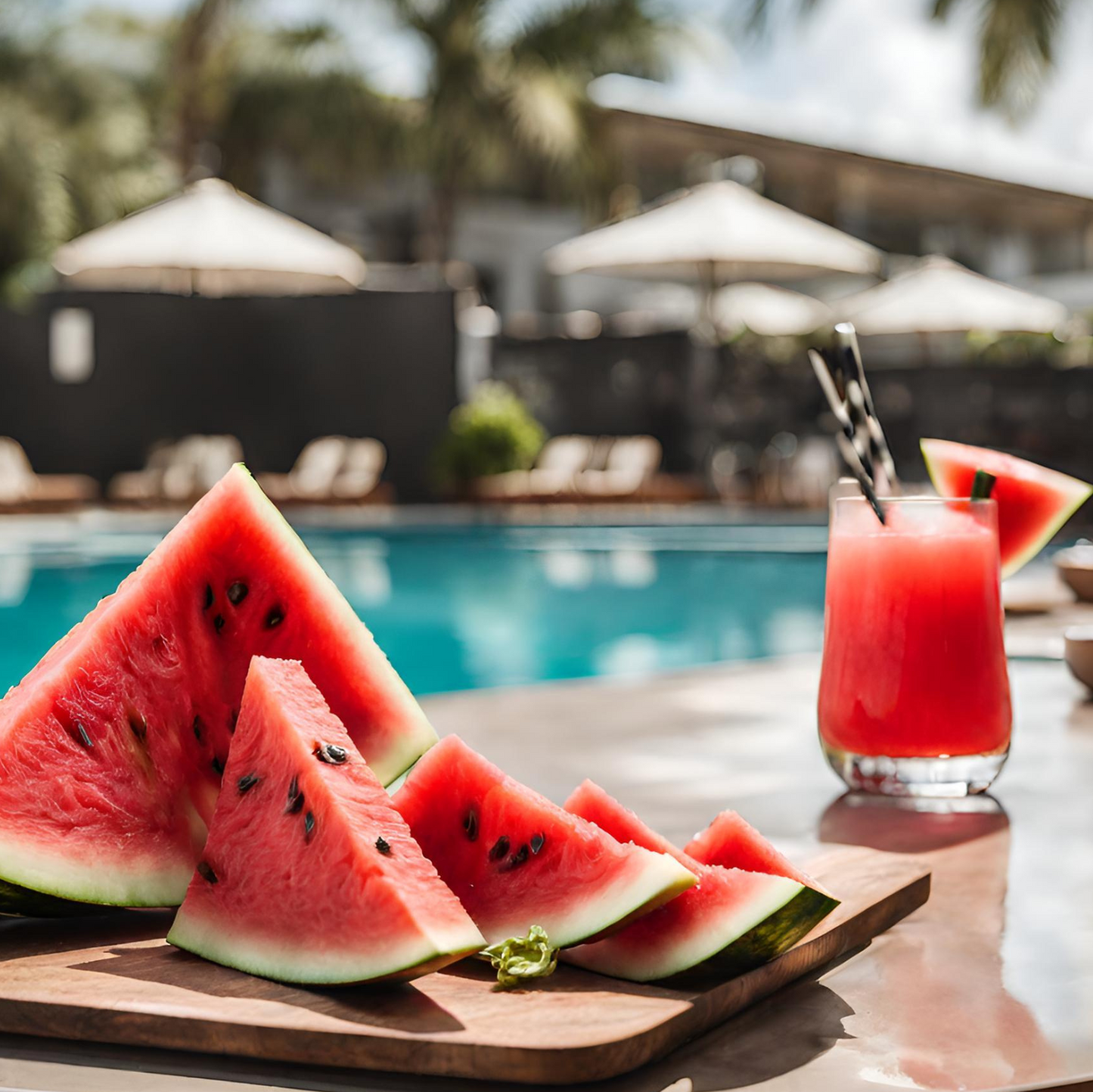 Watermelon in a resort background to depict the scent of watermelon wax melts
