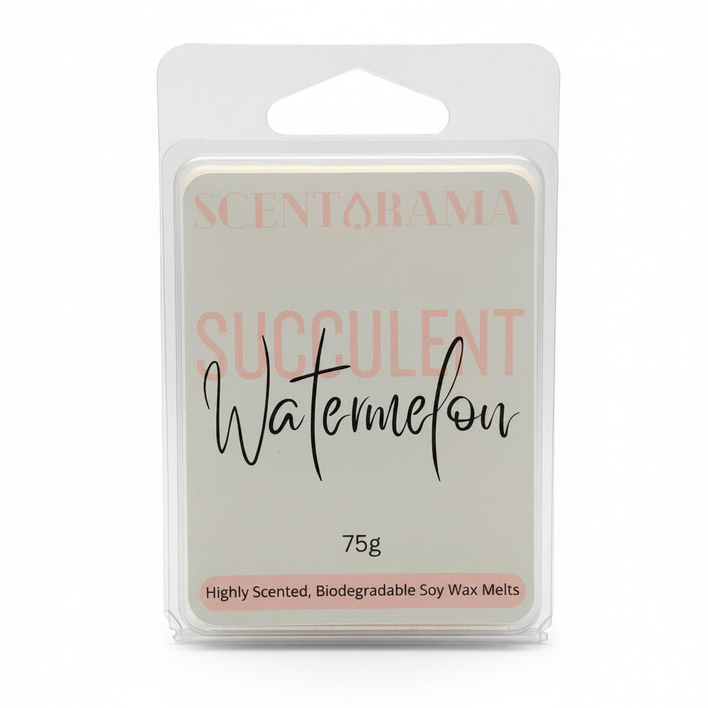 A 75g package of Scentarama 'Succulent Watermelon' biodegradable soy wax melts in a clear plastic clamshell container with a white label.