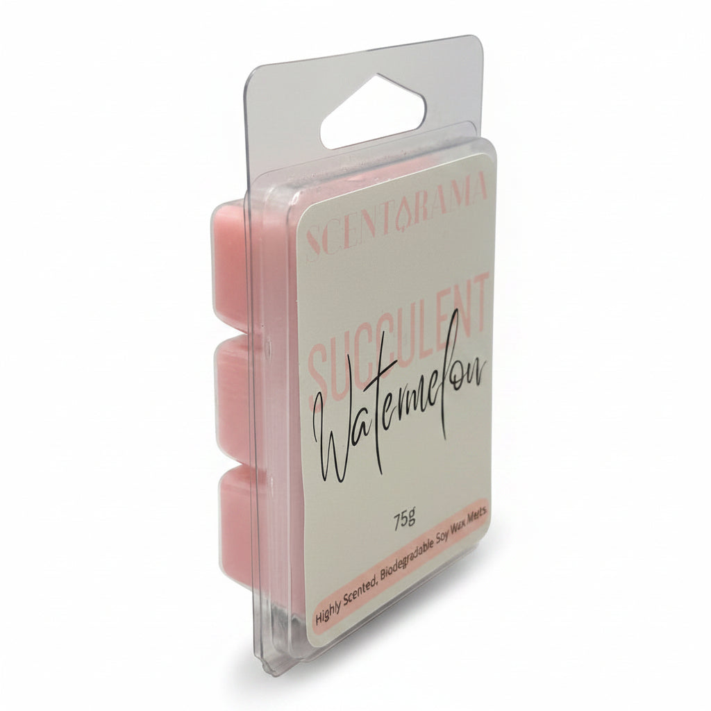 Succulent Watermelon Soy Wax Melts Clamshell by Scentarama Product Photo  on a light white studio background.
