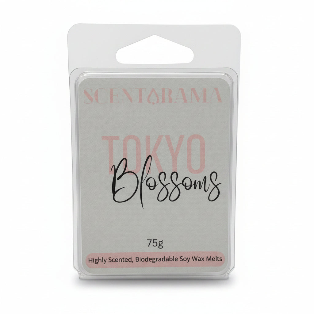 Scentarama Tokyo Blossoms soy wax melts in a clear plastic clamshell package with a white and pink label.