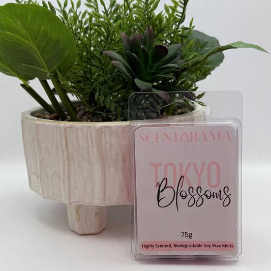 A 75g pack of Scentarama Tokyo Blossoms soy wax melts in a clear clamshell package, displayed next to a white textured planter with green plants on a white surface against a white background.