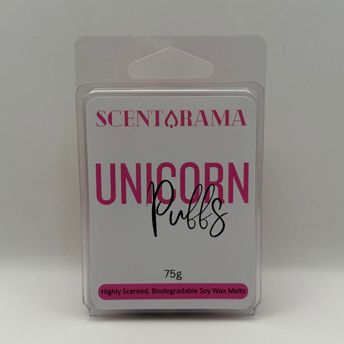 A 75g package of Scentarama Unicorn Puffs wax melts on a light gray background.