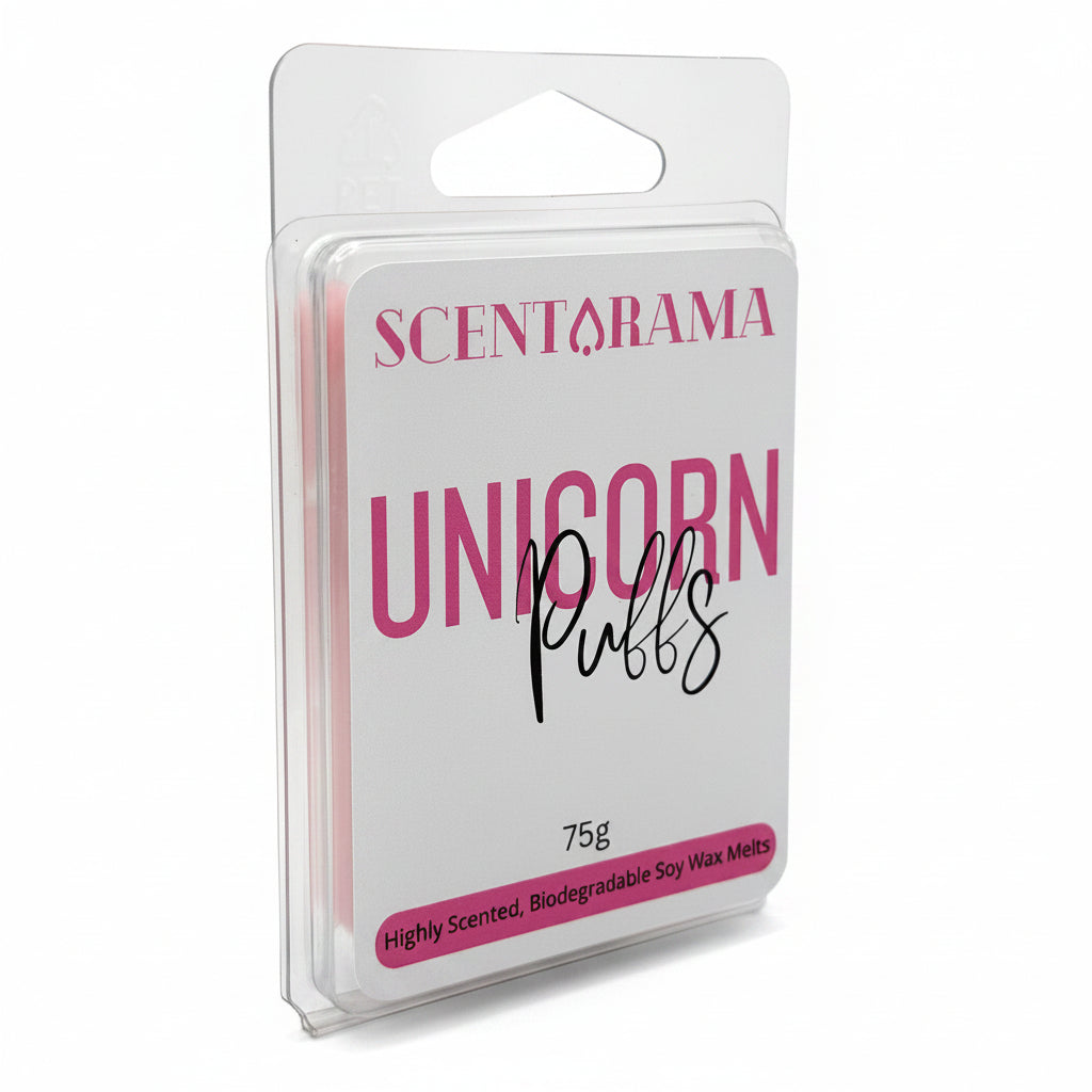 A package of Scentarama Unicorn Puffs soy wax melts in a clear plastic blister pack with a white and pink label, standing on a light white surface against a light white background.