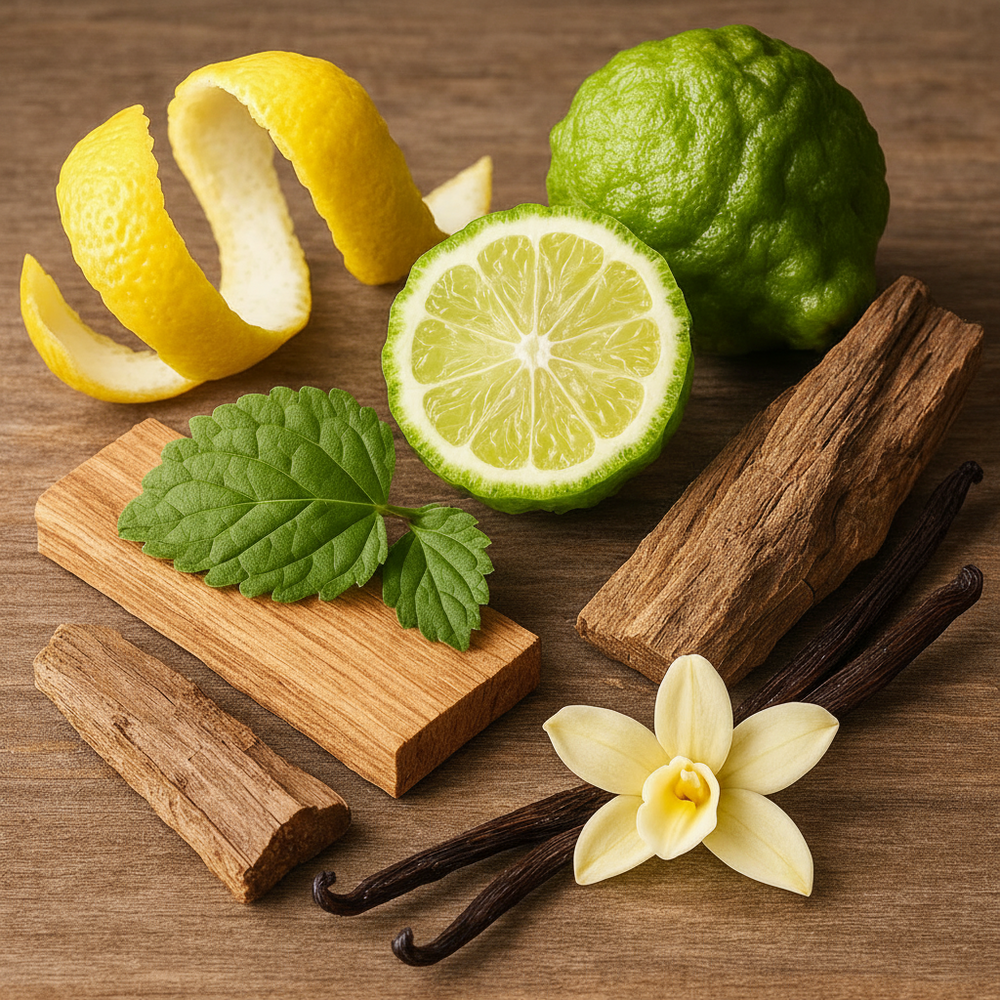 Citrus fruits, cinnamon sticks, vanilla beans, and a vanilla flower on a wooden surface.