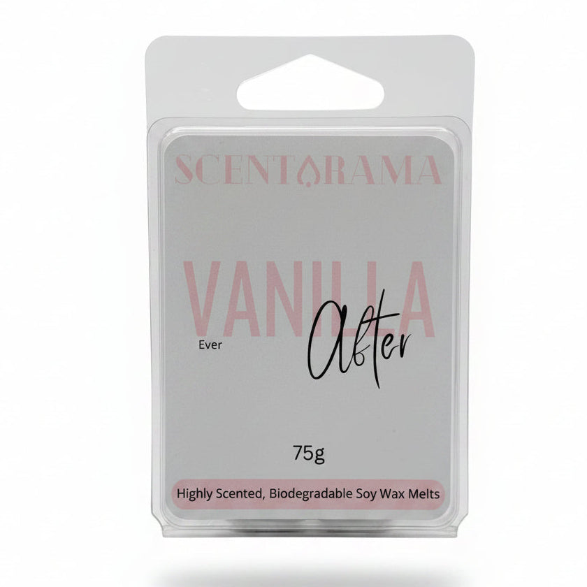 Scentarama Vanilla After soy wax melts in a 75g clear plastic clamshell package, featuring a white label with pink and black text.