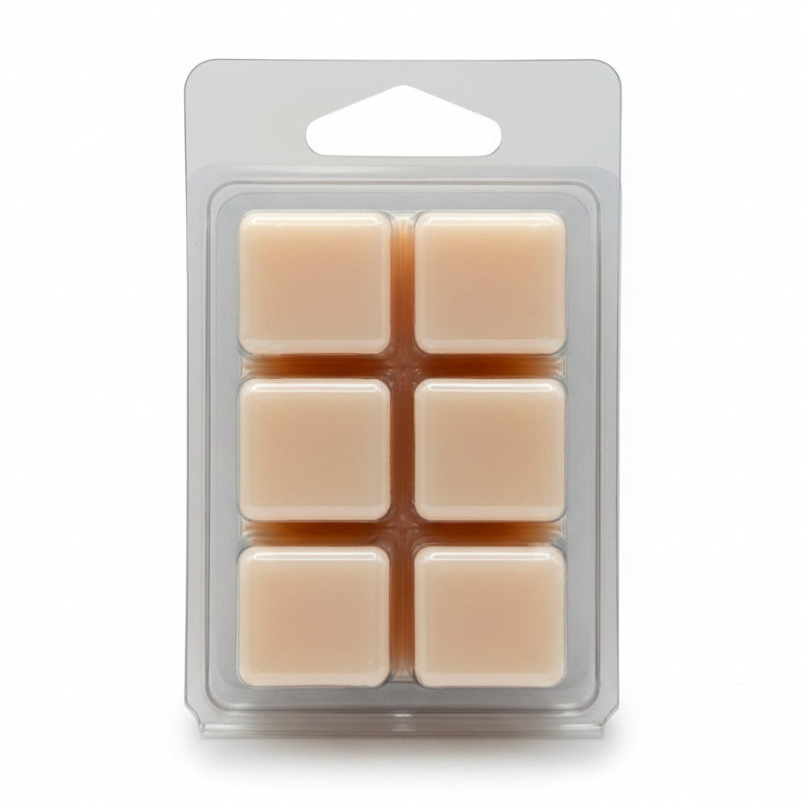 Six beige Vanilla Ever After square wax melts by Scentarama in a clear plastic clamshell package on a light gray background.